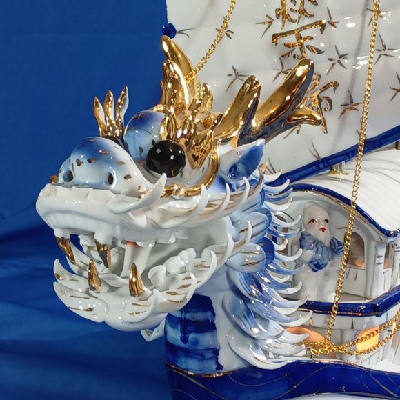 Chinese Porcelain Dragon Boat  Ship Lighted Sculpture TV  Lamp  24K Gold Vintage - Picture 11 of 16